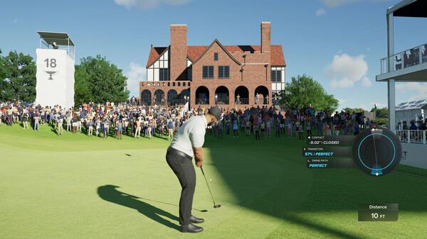 PGA TOUR 2K25 screenshot: A golfer prepares a putt on a green surrounded by spectators near a clubhouse on a sunny day.