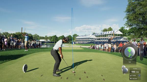 PGA TOUR 2K25 screenshot: Golfer prepares to putt on a sunny day with a crowd watching, aiming for the hole on a green course.