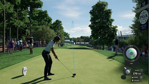 Golfer prepares to tee off on a lush course in PGA TOUR 2K25; screenshot shows swing trajectory and crowd in the background.