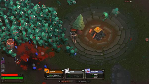 s&box screenshot: A character battles hordes of creatures near a stone circle, with action cards and health bar visible.