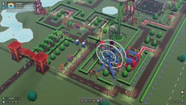 s&box screenshot: A colorful amusement park with a Ferris wheel, paths, and various attractions on a green grid landscape.