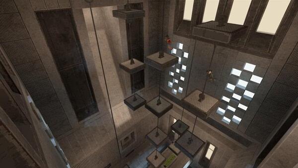 s&box screenshot: Players navigate a series of suspended platforms in a tall, industrial-style tower with geometric windows.