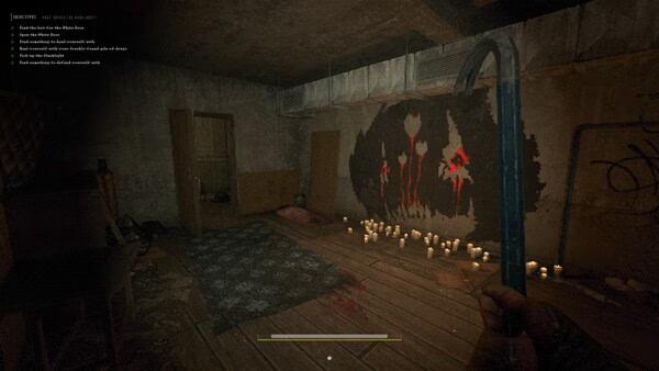 A s&box screenshot showing a dimly-lit room with candles, wall art, and a player holding a crowbar in a first-person view.