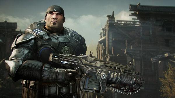 Gears of War: Reloaded screenshot showing a soldier in heavy armor holding a large, detailed weapon in a ruined cityscape.