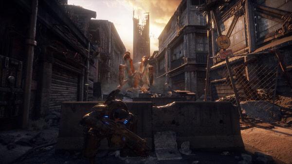 Gears of War: Reloaded screenshot showing a soldier crouching behind cover in a war-torn cityscape with enemies in the distance.