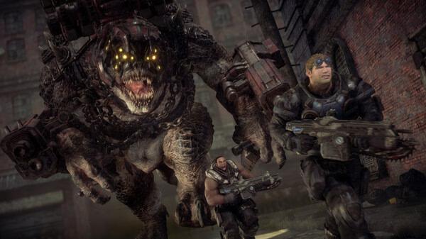 Screenshot from Gears of War: Reloaded showing armed soldiers fleeing from a large, monstrous creature in a gritty urban setting.