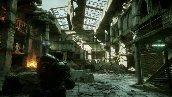 Gears of War: Reloaded screenshot showing a soldier in armor exploring a damaged, abandoned building with rubble and fire visible.