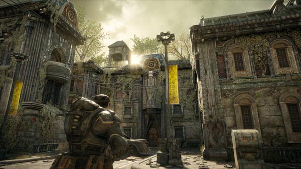 Screenshot from Gears of War: Reloaded showing an armored soldier standing in a sunlit, overgrown courtyard.