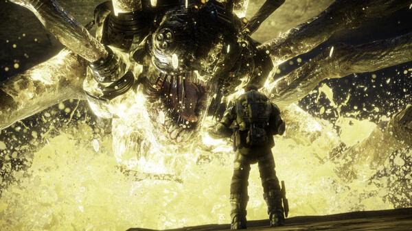 A Gears of War: Reloaded screenshot showing a soldier facing a glowing, monstrous spider-like creature in an intense battle.