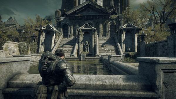 A Gears of War: Reloaded screenshot shows a soldier in armor overlooking a stone courtyard with a grand building in the background.