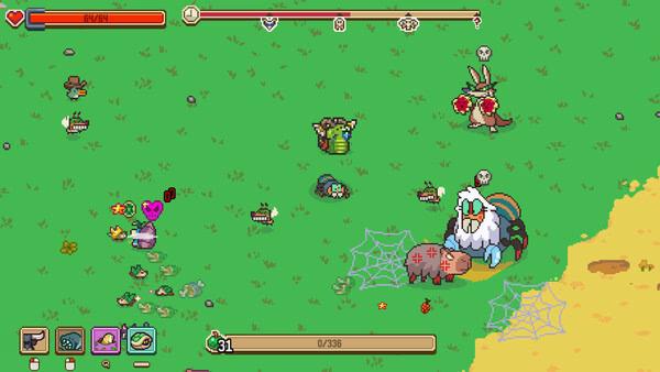 Screenshot from Everything is Crab: The Animal Evolution Roguelite showing crab-themed creatures battling on grassy terrain with web obstacles.
