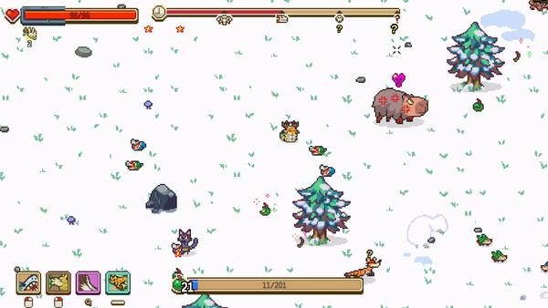 Screenshot from the game 'Everything is Crab: The Animal Evolution Roguelite' showing a snowy landscape with trees and various animals.
