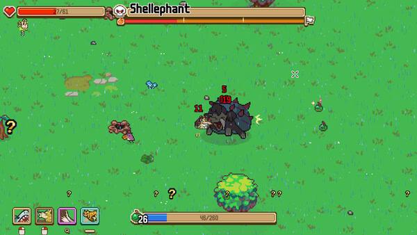 Screenshot from "Everything is Crab: The Animal Evolution Roguelite" showing a player battling a Shellephant on grassy terrain.