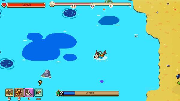 Screenshot from Everything is Crab: The Animal Evolution Roguelite showing a crab swimming in bright blue water near a sandy shore.