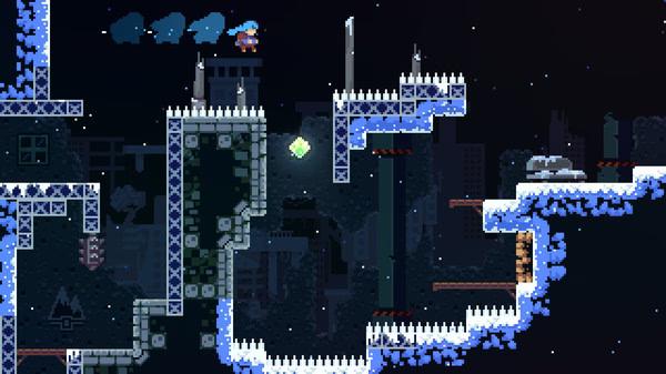 Celeste screenshot: A character jumps over spikes in a snowy, pixelated platforming level with a glowing gem in the center.