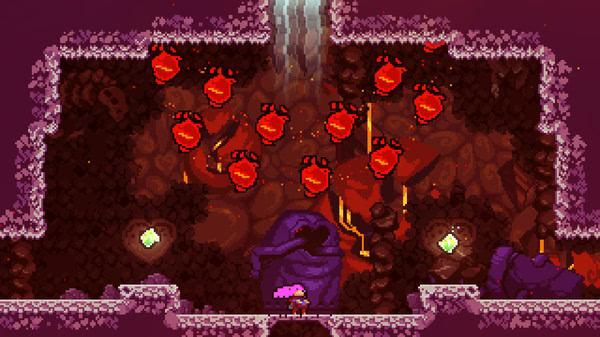Celeste screenshot: Player stands beneath a waterfall in a cave filled with red hearts and purple rocks, ready for the next challenge.
