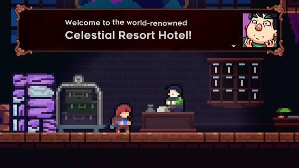 Screenshot of Celeste showing a dialogue scene at the Celestial Resort Hotel with two characters and a stack of towels.