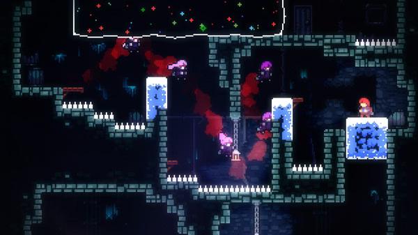 Screenshot from Celeste showing the character Madeline navigating a dark, spike-filled level with floating platforms and enemies.