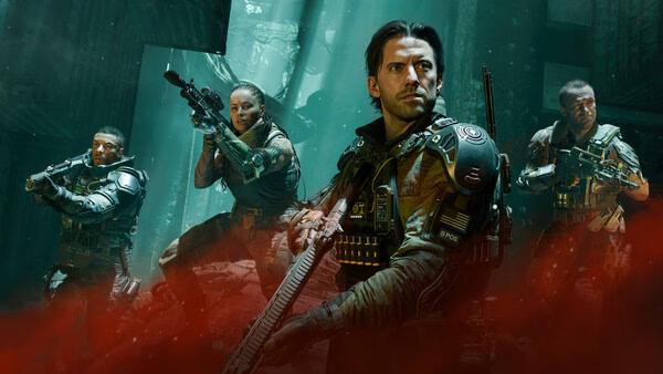 Screenshot from Call of Duty: Black Ops 7 shows four soldiers in tactical gear aiming weapons in a dark, futuristic environment.