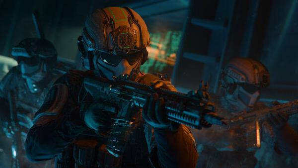 Call of Duty: Black Ops 7 screenshot showing soldiers in futuristic gear aiming their weapons in a dimly lit room.