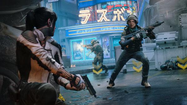 Screenshot from Call of Duty: Black Ops 7 showing armed characters in a tense urban firefight near a game center.