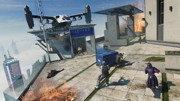 Call of Duty: Black Ops 7 screenshot showing players in combat on a rooftop with explosions and a hovering aircraft.
