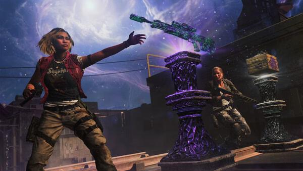 Screenshot from Call of Duty: Black Ops 7 showing two characters battling near glowing pillars with a floating rifle overhead.