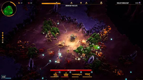 Screenshot from Deep Rock Galactic: Survivor showing a dwarf battling alien creatures in a dark, cave-like environment.