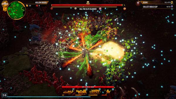 Screenshot from Deep Rock Galactic: Survivor showing a dwarf battling hordes of enemies with vibrant explosions and abilities.