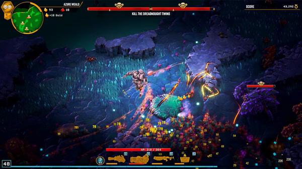 Screenshot from Deep Rock Galactic: Survivor showing a character battling alien creatures in a rocky, illuminated cave environment.