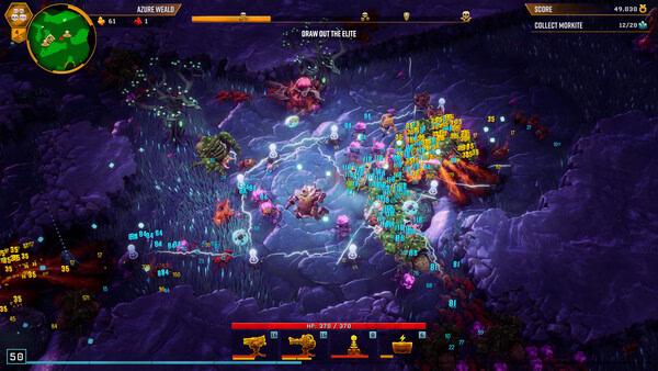 Screenshot of Deep Rock Galactic: Survivor showing a character battling enemies in a cave with glowing numbers and effects.