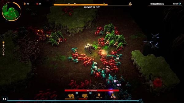 Screenshot from Deep Rock Galactic: Survivor showing a player character battling hordes of colorful alien creatures in a cave.