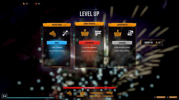Screenshot from Deep Rock Galactic: Survivor showing a level-up screen with choices for weapon upgrades: Rare, Legendary, and Common.