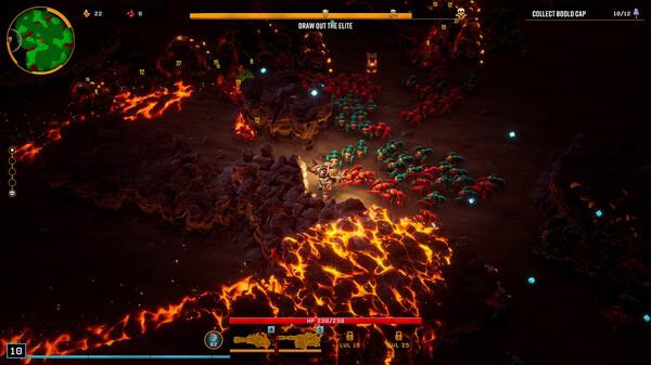 Screenshot from Deep Rock Galactic: Survivor showing a dwarf surrounded by swarms of alien creatures and lava flows.