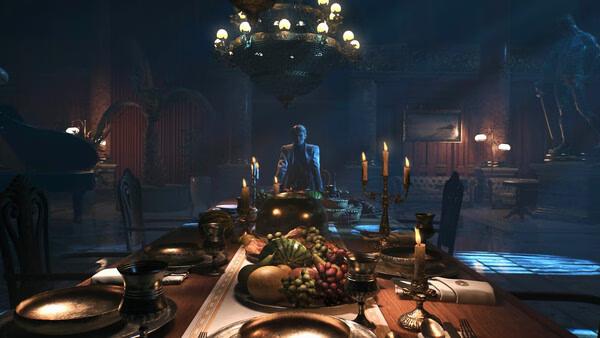 Screenshot from Dying Light: The Beast showing a lavish dining table with food, candles, and a figure seated in a dimly lit room.