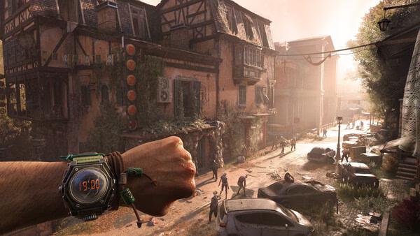 Screenshot from Dying Light: The Beast shows a wristwatch-clad arm overlooking a street filled with zombies and abandoned cars.