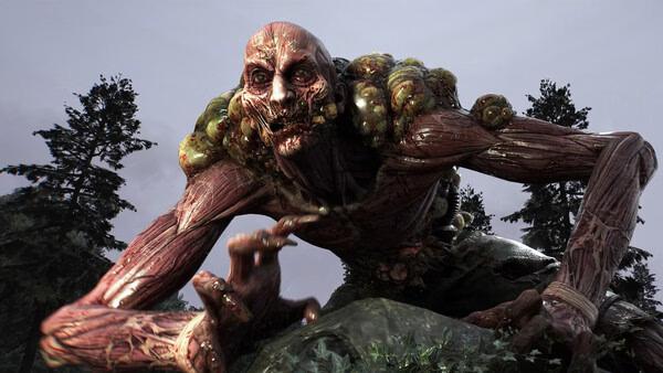 A grotesque mutant creature crouches in a forest setting in this Dying Light: The Beast screenshot.