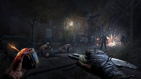 A screenshot from Dying Light: The Beast showing a knife-wielding player facing zombies in a dark, rainy street with explosions nearby.