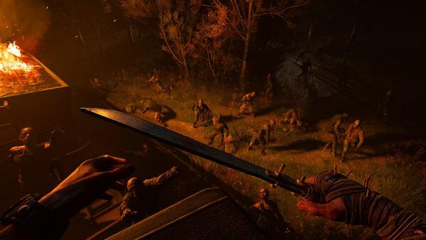 Screenshot from Dying Light: The Beast showing a player wielding a machete, facing a horde of zombies in a dimly lit area.