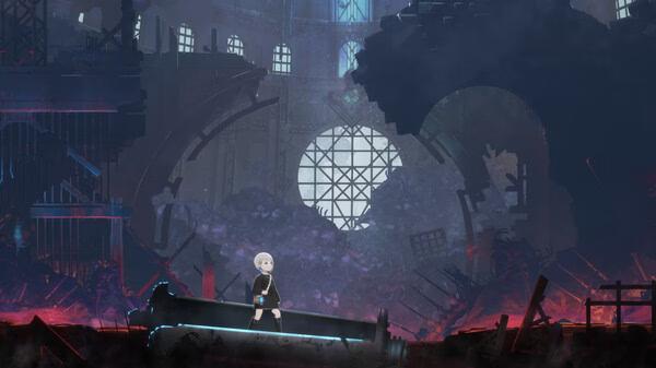 Screenshot from ENDER MAGNOLIA: Bloom in the Mist showing a character standing in front of a ruined, misty cathedral scene.