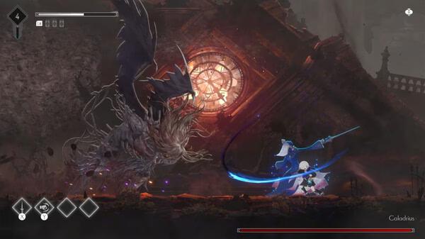 ENDER MAGNOLIA: Bloom in the Mist screenshot showing a player character battling a large winged creature with a glowing sword.