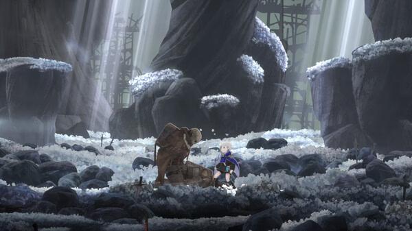 Screenshot from ENDER MAGNOLIA: Bloom in the Mist showing a character kneeling beside a stone figure in a snowy landscape.
