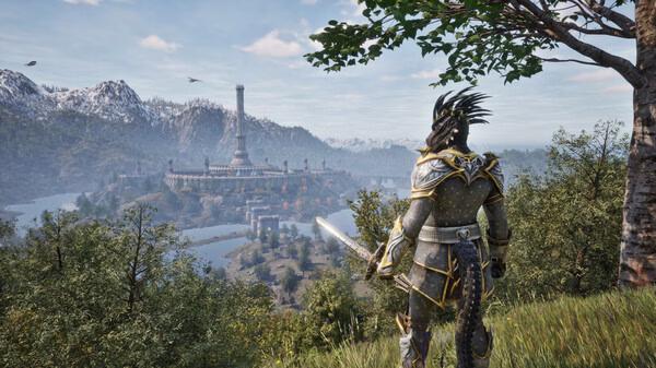 Screenshot from The Elder Scrolls IV: Oblivion Remastered showing a character in armor overlooking a vast landscape with a distant city.