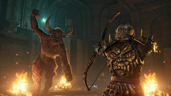 A screenshot from The Elder Scrolls IV: Oblivion Remastered shows a warrior aiming a bow at a charging Minotaur in a fiery dungeon.