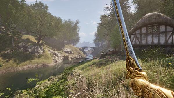 A lush, vibrant landscape with a river and bridge in The Elder Scrolls IV: Oblivion Remastered screenshot. Sword in hand.