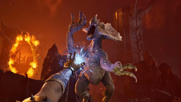 Screenshot from The Elder Scrolls IV: Oblivion Remastered shows a player casting magic at a towering monster with a fiery portal nearby.