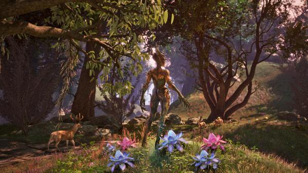 Screenshot from The Elder Scrolls IV: Oblivion Remastered shows a forest scene with a humanoid creature and a deer among colorful flowers.