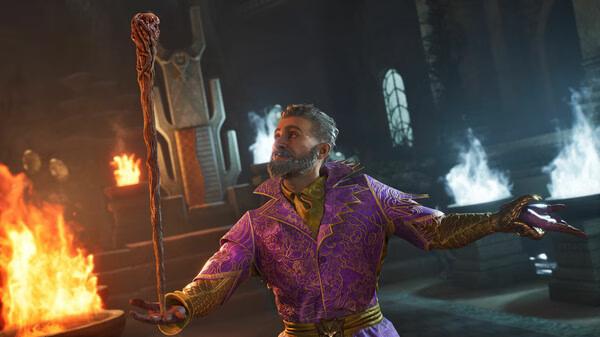 Screenshot from The Elder Scrolls IV: Oblivion Remastered showing a character in ornate robes wielding a magical staff in a fiery chamber.