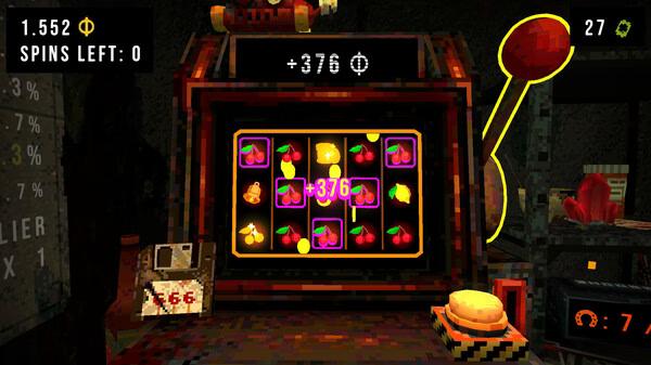CloverPit screenshot: A slot machine displays colorful symbols and a +376 Φ win. The screen shows 1,552 Φ and 0 spins left.