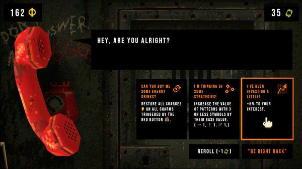 Screenshot from CloverPit game: A red phone on a table beside three strategic options for progressing in the game.